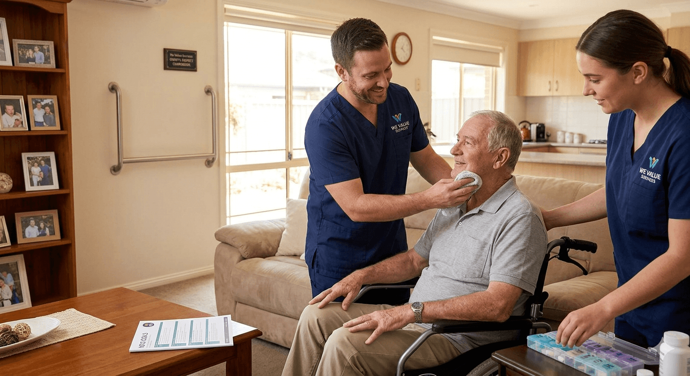 Care workers providing high-intensity personal care to elderly man in wheelchair