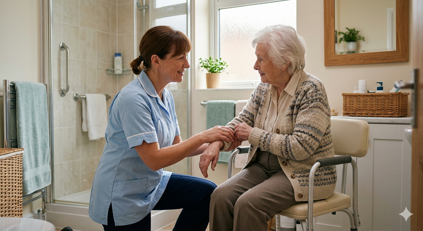 Carer assisting elderly woman with personal hygiene in bathroom