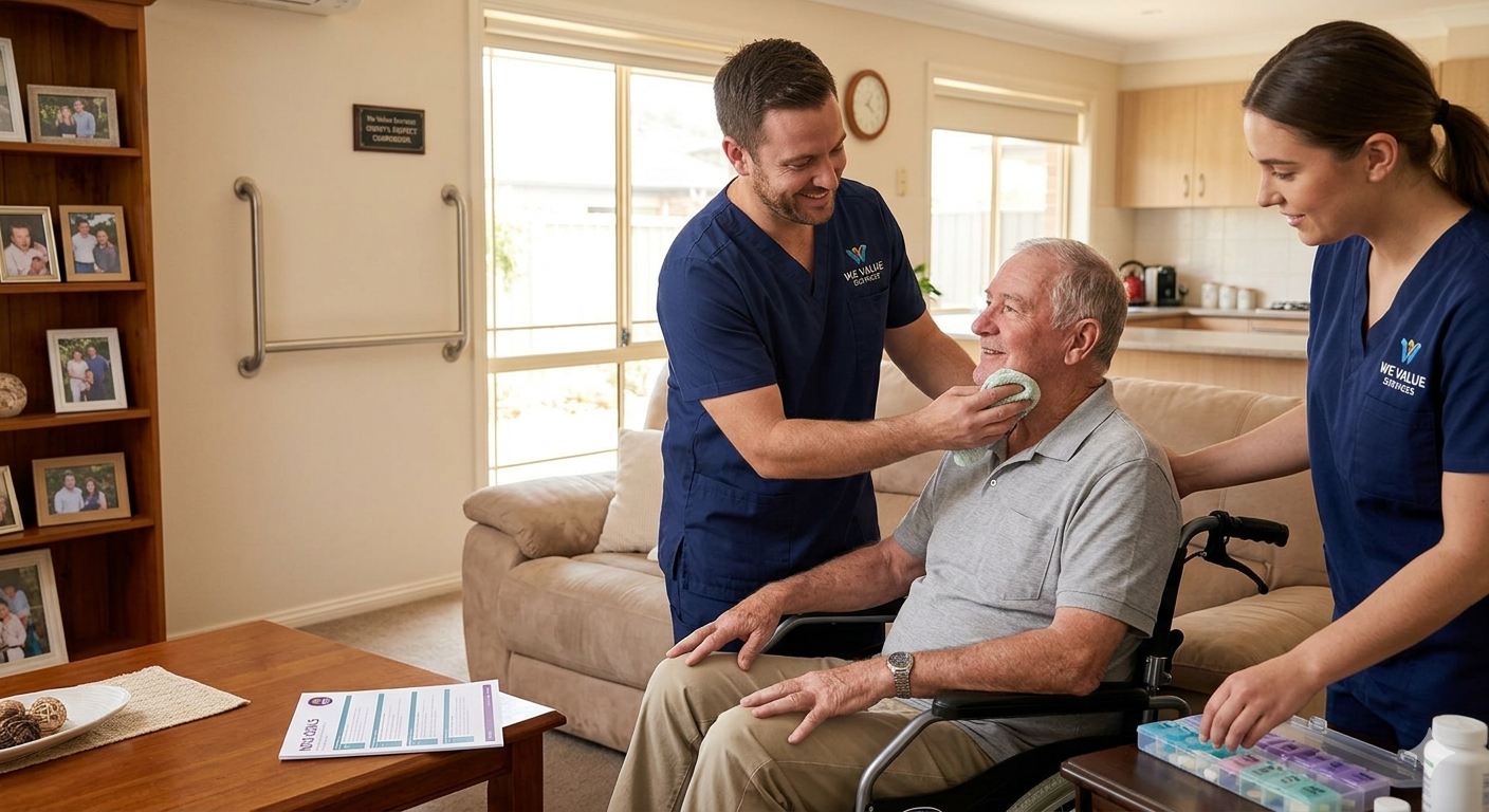 Care workers providing high-intensity personal care to elderly man in wheelchair