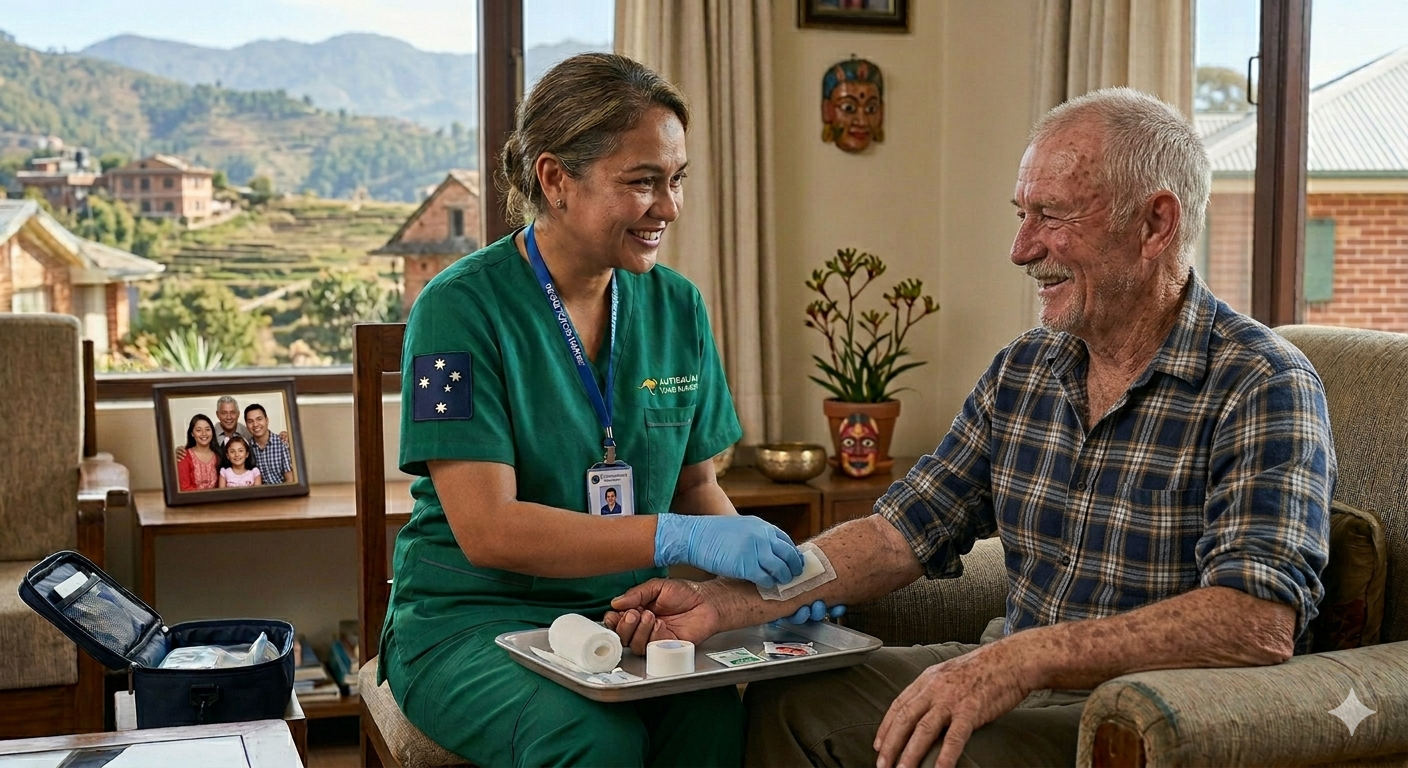 Nurse checking elderly patient vitals at home
