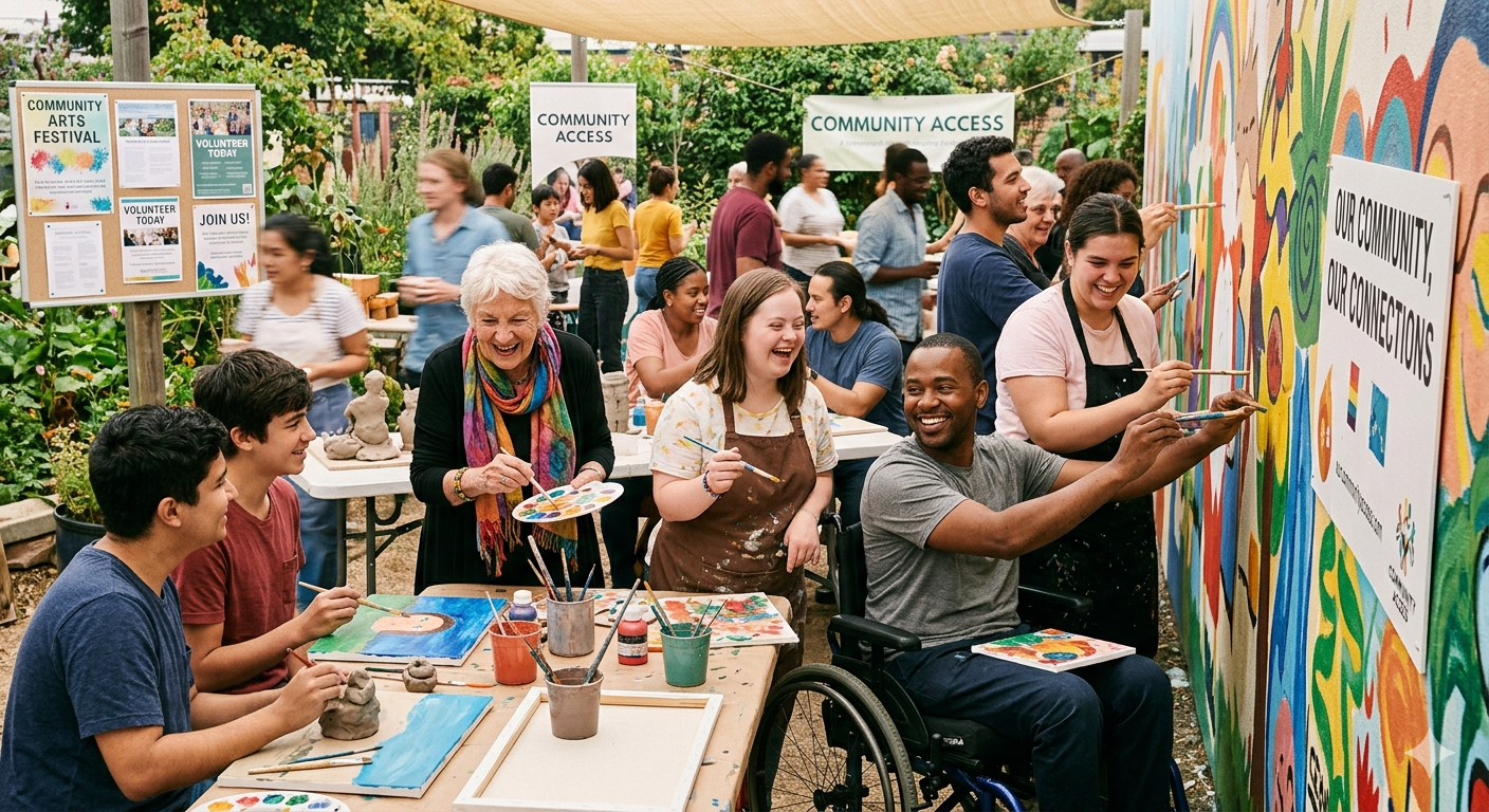 Diverse group at community arts festival with painting and pottery activities