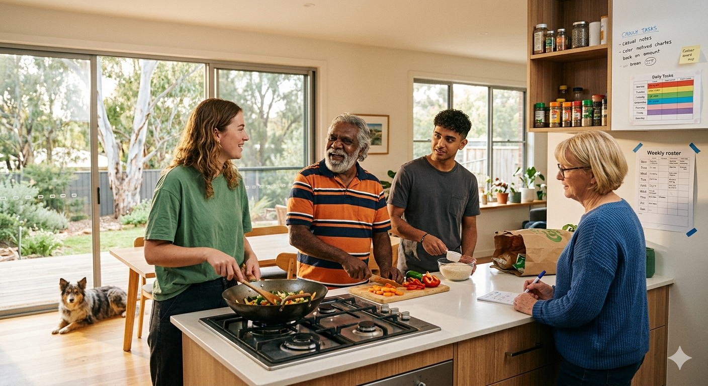 People cooking together in shared living kitchen with daily tasks roster