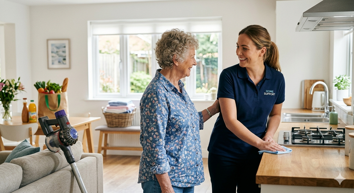 Carer assisting elderly woman with household tasks in bright kitchen