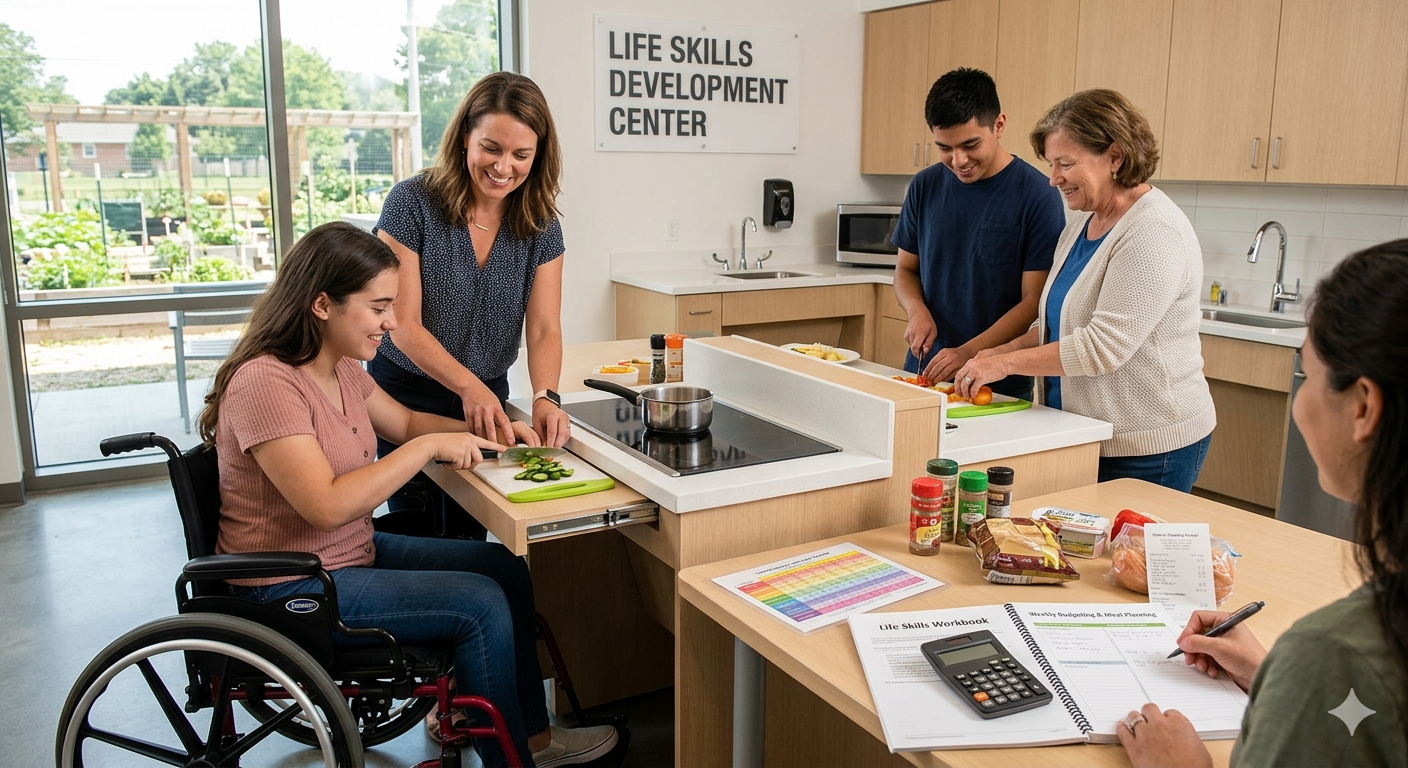 Woman in wheelchair learning cooking and budgeting at life skills development center