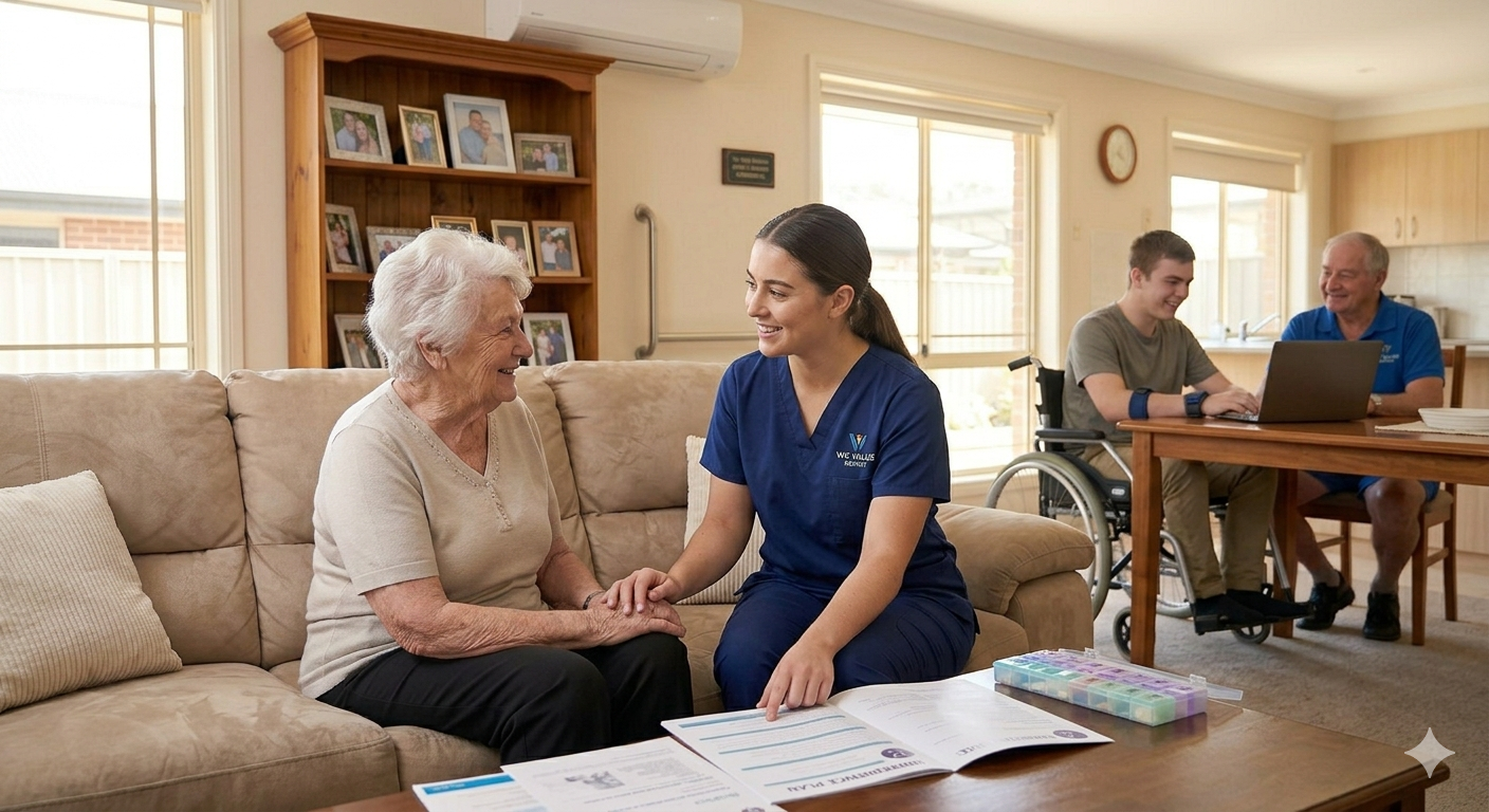 Carer reviewing transition plan with elderly woman on couch