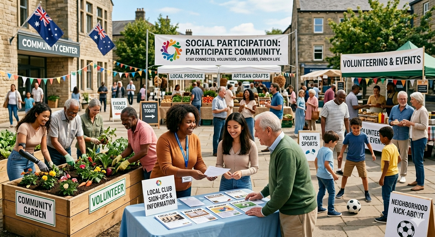 Community fair with stalls for local produce, crafts, and volunteering