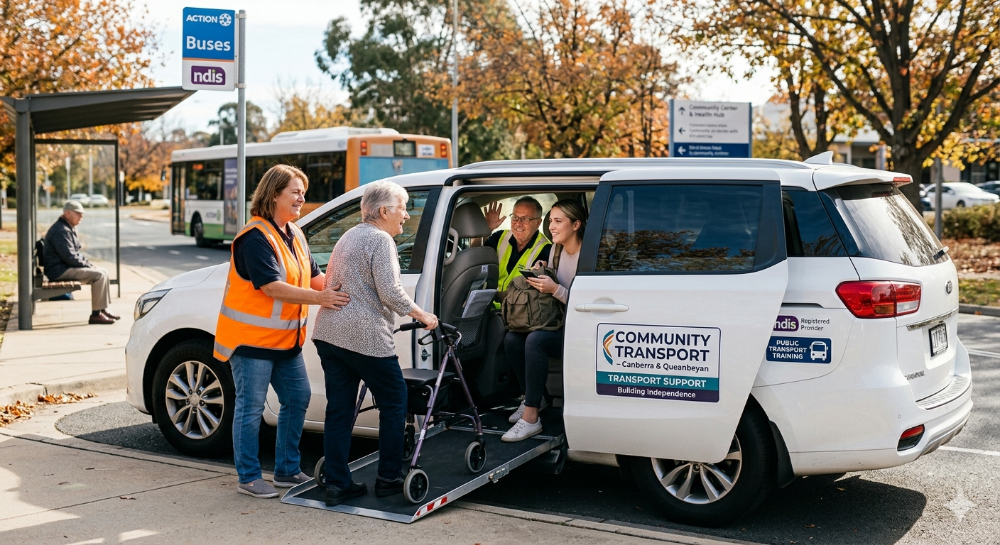 Community transport van with worker helping elderly woman board via ramp